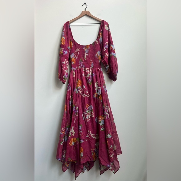 Free People Morning Glory Floral Maxi Dress Earth Red Smocked Handkerchief M - Picture 5 of 14